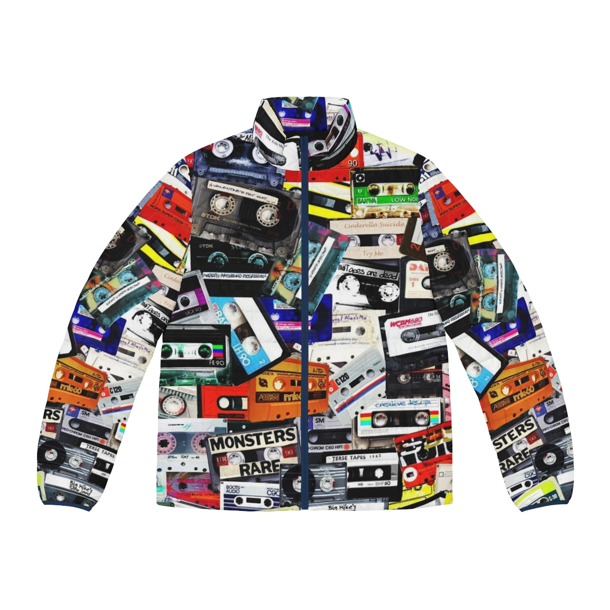 Cassette tape puffer jacket with a retro, nostalgic design