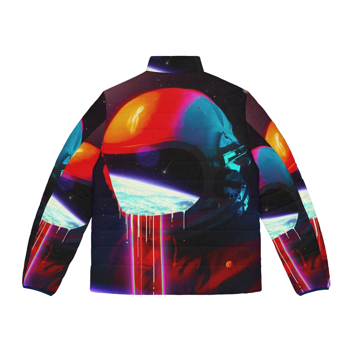 A surreal puffer jacket design featuring an astronaut in a cosmic, leaking helmet surrounded by stars, galaxies, and celestial elements. - Back