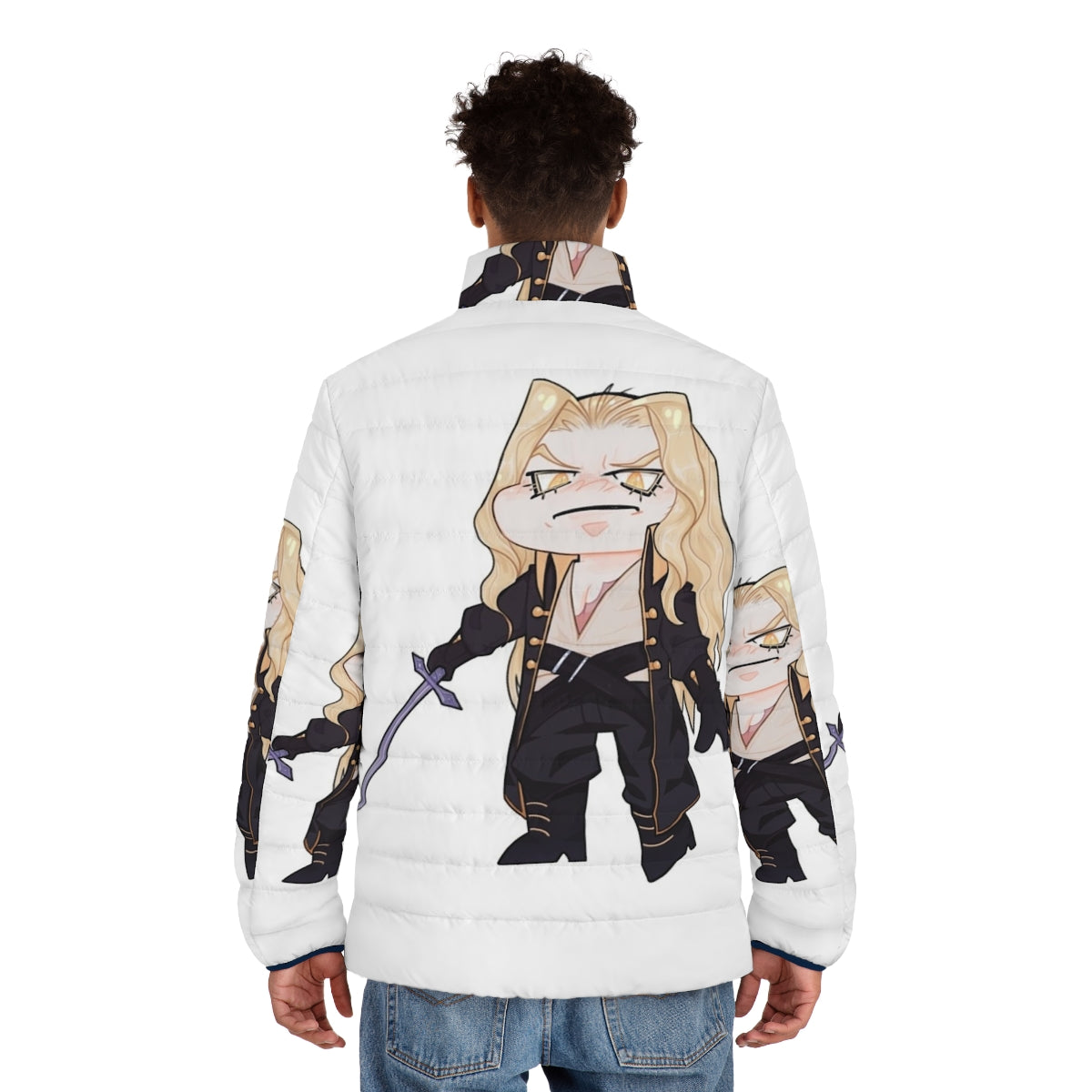 Chibi Alucard Castlevania character on puffer jacket - men back