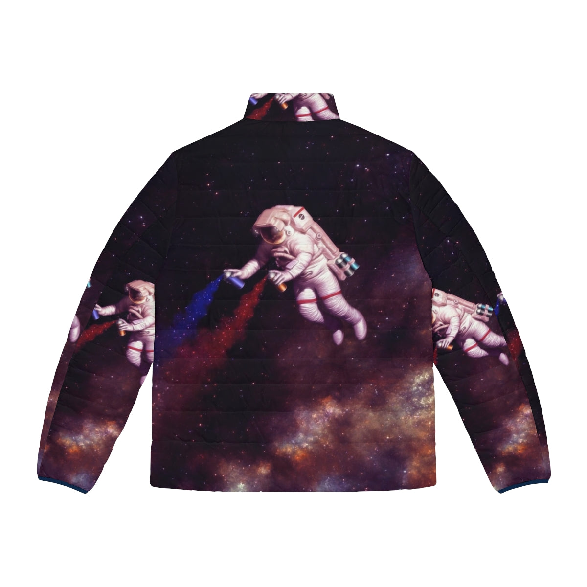 Colorful puffer jacket featuring an astronaut artist design with shooting stars, galaxies, and space elements - Back