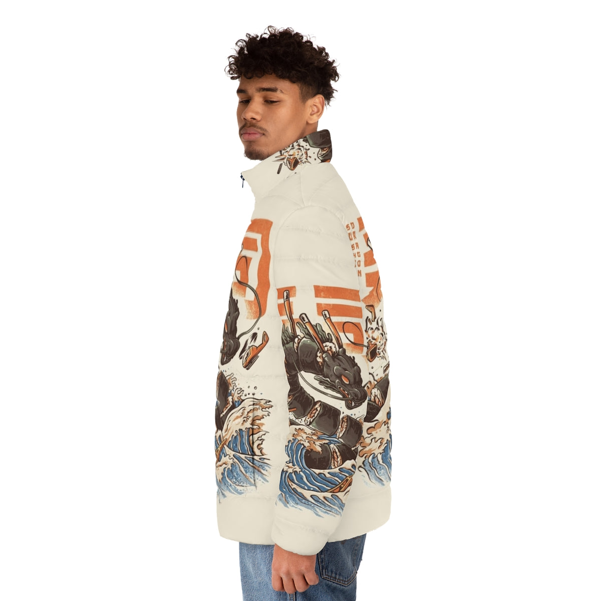 Vibrant puffer jacket featuring a fierce sushi dragon illustration in an anime-inspired, retro style - men side left