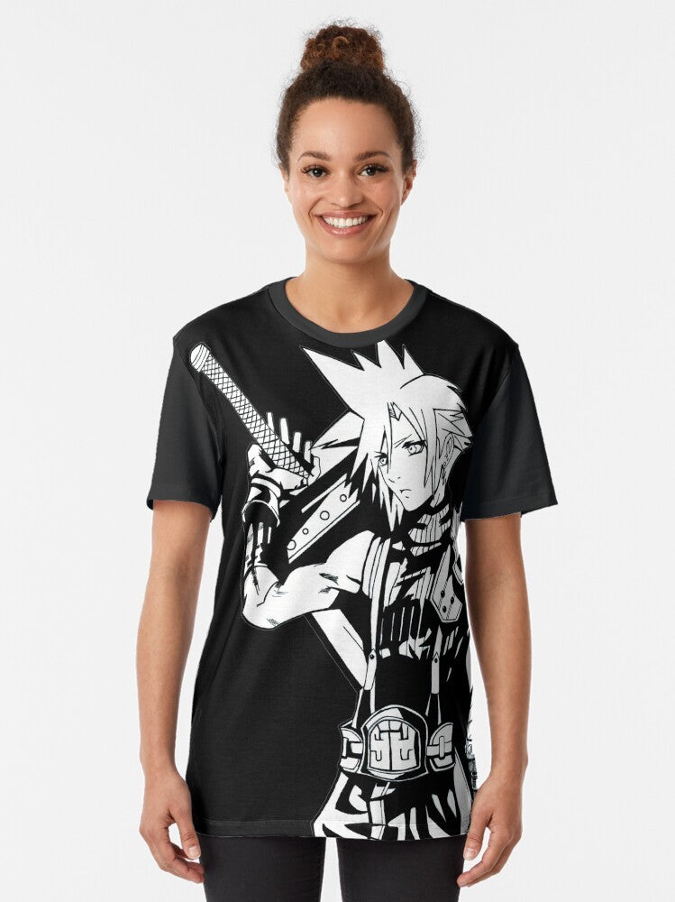 Illustration of Cloud Strife, the iconic swordmaster from the Final Fantasy video game series, printed on a high-quality t-shirt. - Women