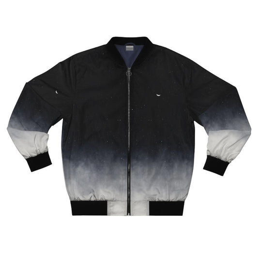 A bomber jacket featuring a moonscape design with a night sky, stars, and galaxy elements.