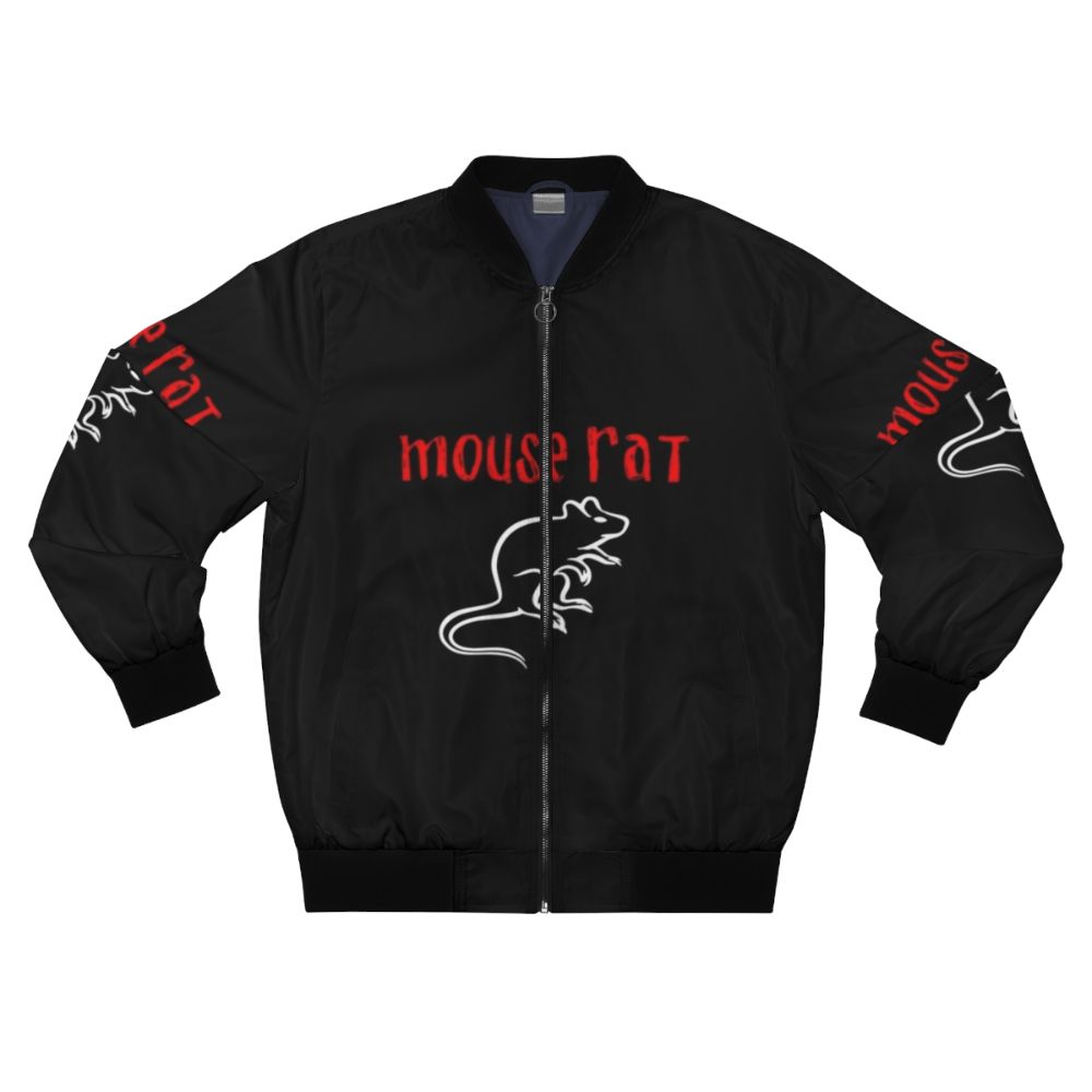 MOUSE RAT band members wearing a bomber jacket with the band logo