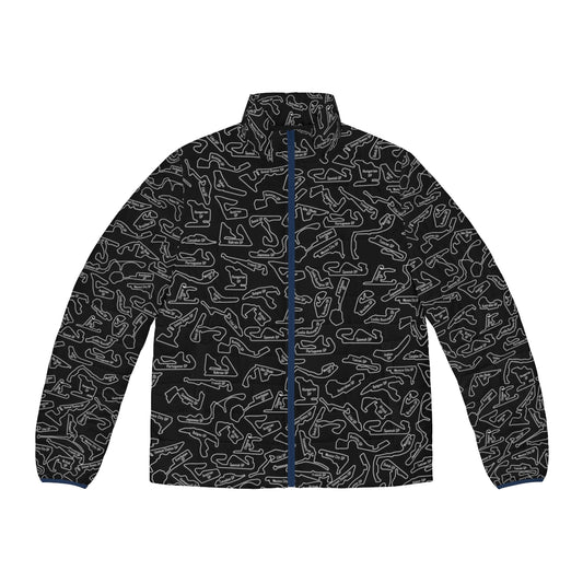 Race Circuits Pattern Puffer Jacket - Motorsports Inspired Outerwear with Focus Keyword "race circuits"