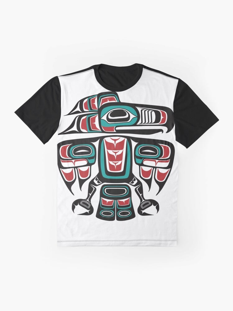 Haida raven totem graphic design on a t-shirt for native art and culture enthusiasts. - Flat lay