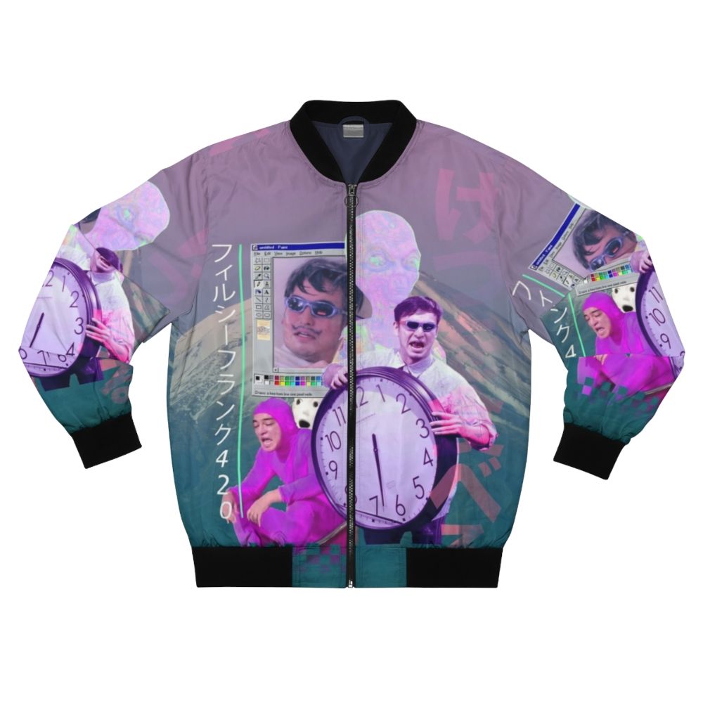 Vibrant vaporwave-style bomber jacket featuring Filthy Frank and the number 420