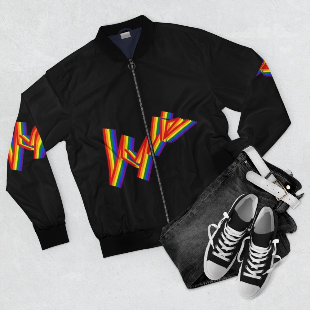 Kylie Minogue Pride 2023 Bomber Jacket with rainbow design - Flat lay