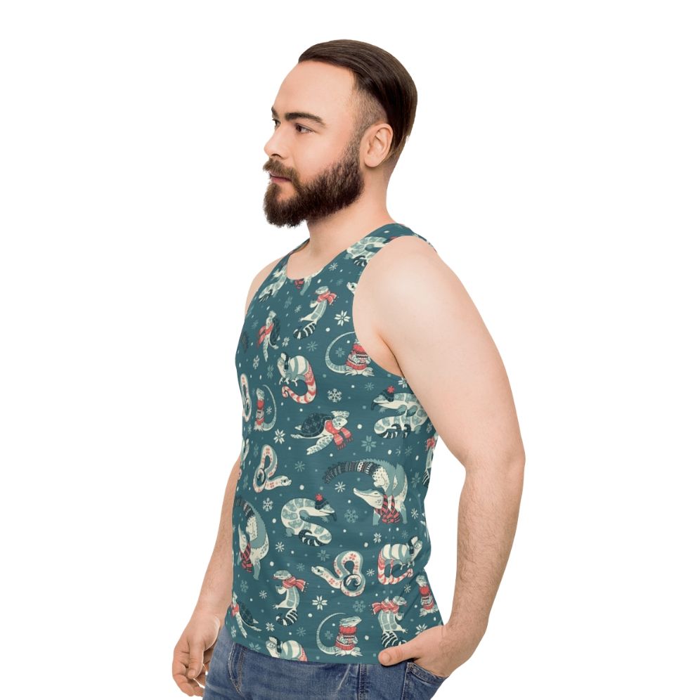 Dark blue unisex tank top with winter herp pattern - men side