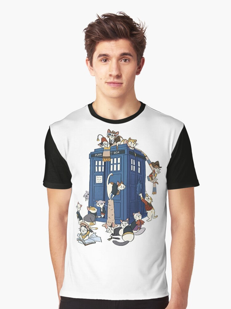 A graphic t-shirt featuring a cartoon cat dressed as the iconic Doctor from the sci-fi TV series Doctor Who. - Men