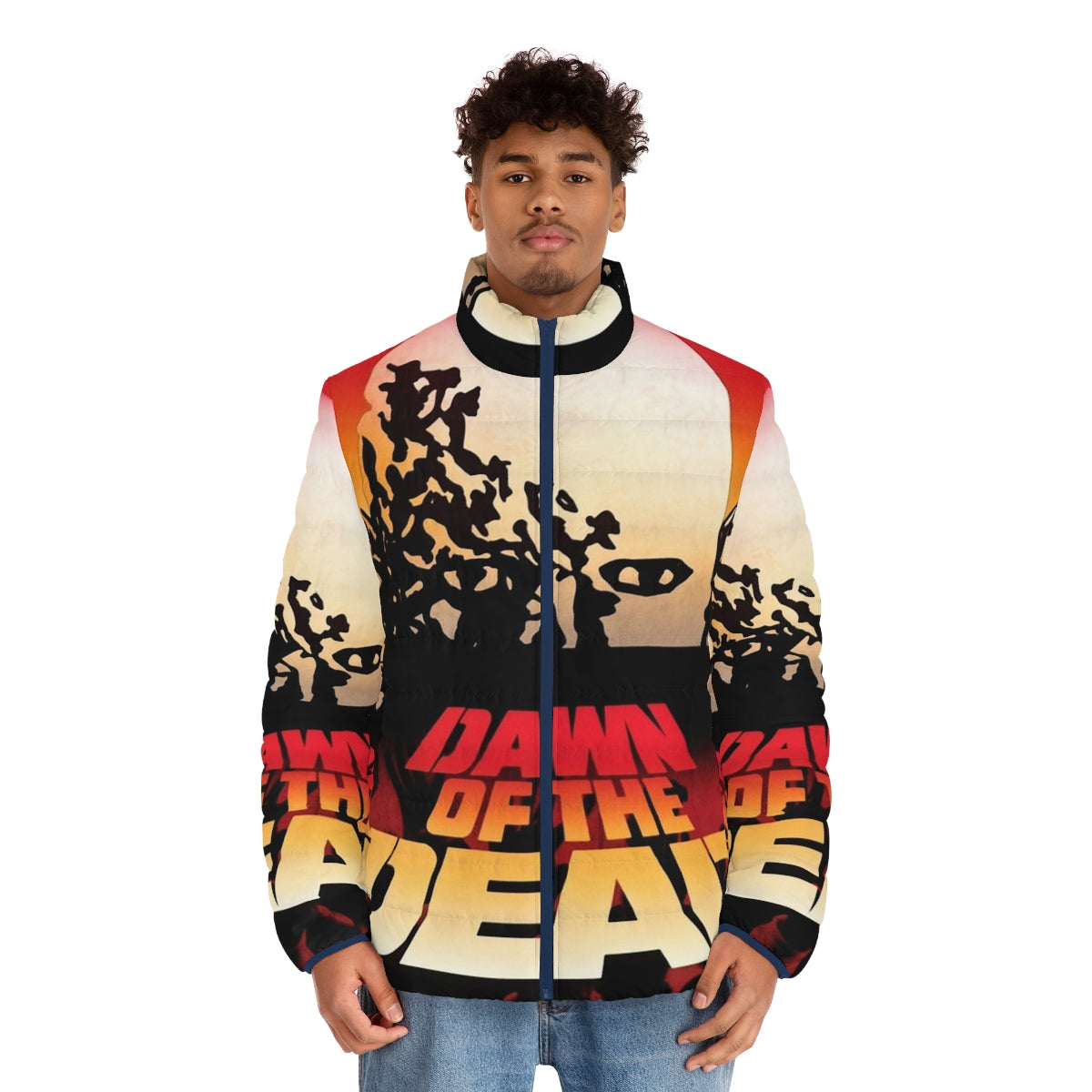 Dawn of the Dead inspired puffer jacket with zombie and horror movie graphics - men front