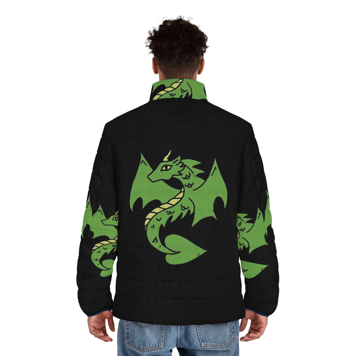 A stylish green dragon puffer jacket for fantasy and geek enthusiasts - men back