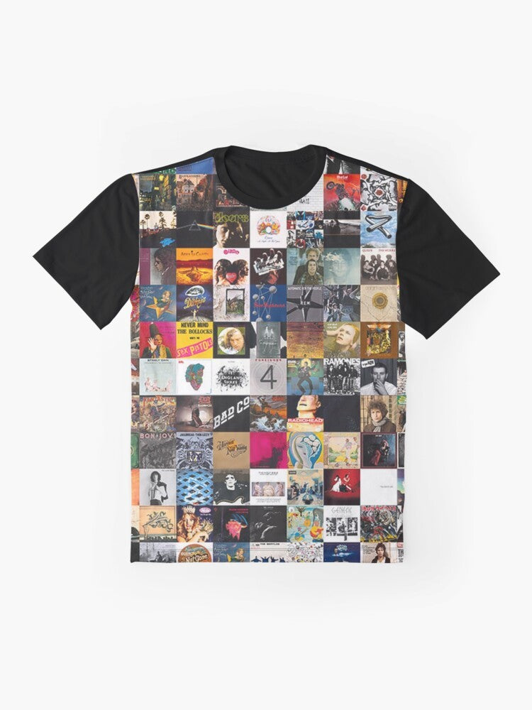 Collage of classic rock album covers on a graphic t-shirt - Flat lay