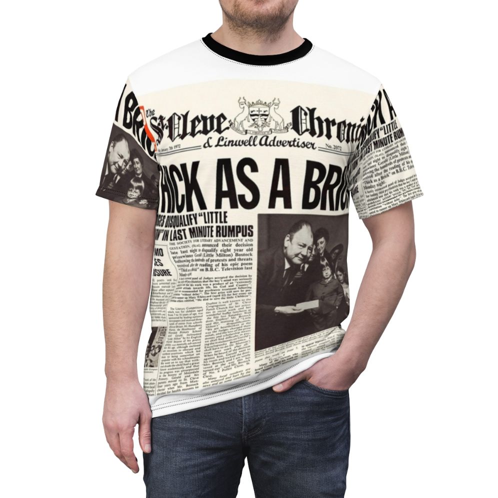 Rock music themed t-shirt featuring Jethro Tull's "Thick As A Brick" album cover art - men front