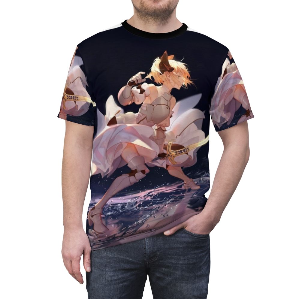 Anime-inspired Saber Lily t-shirt design, featuring the popular Fate franchise character. - men front