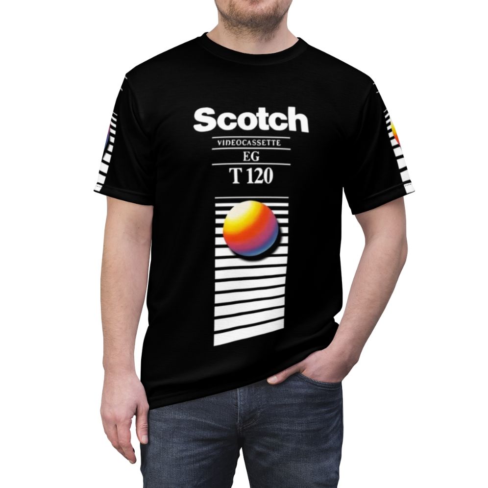 Retro VHS tape inspired vaporwave aesthetic t-shirt with vibrant 80s/90s design - men front