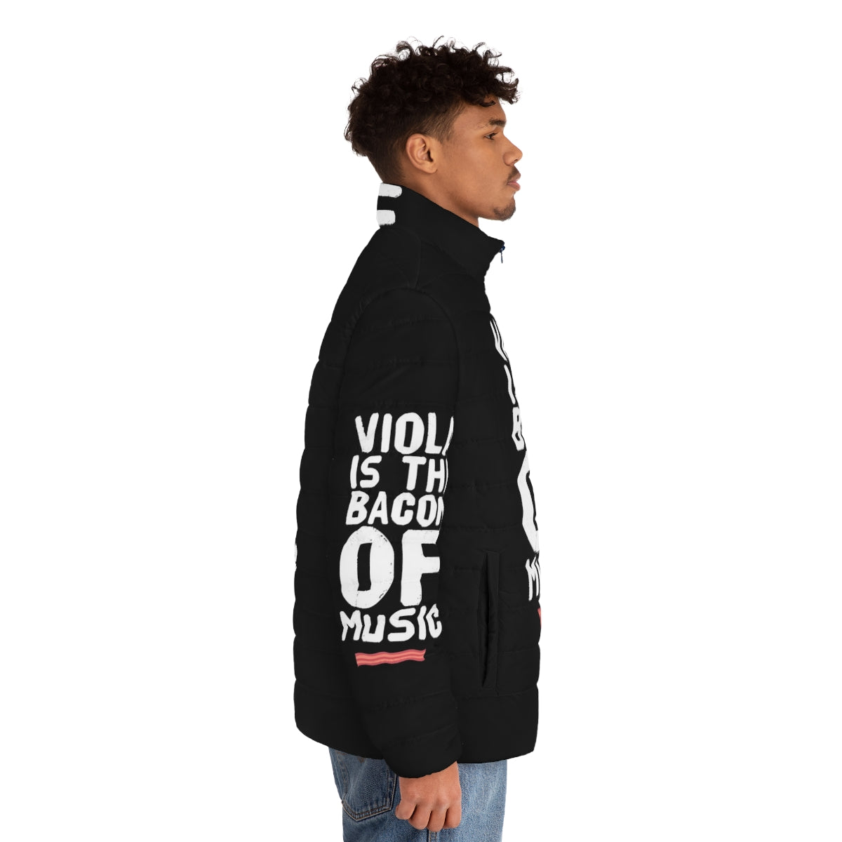 Funny Viola Player Puffer Jacket with "Viola is the Bacon of Music" quote - men side right