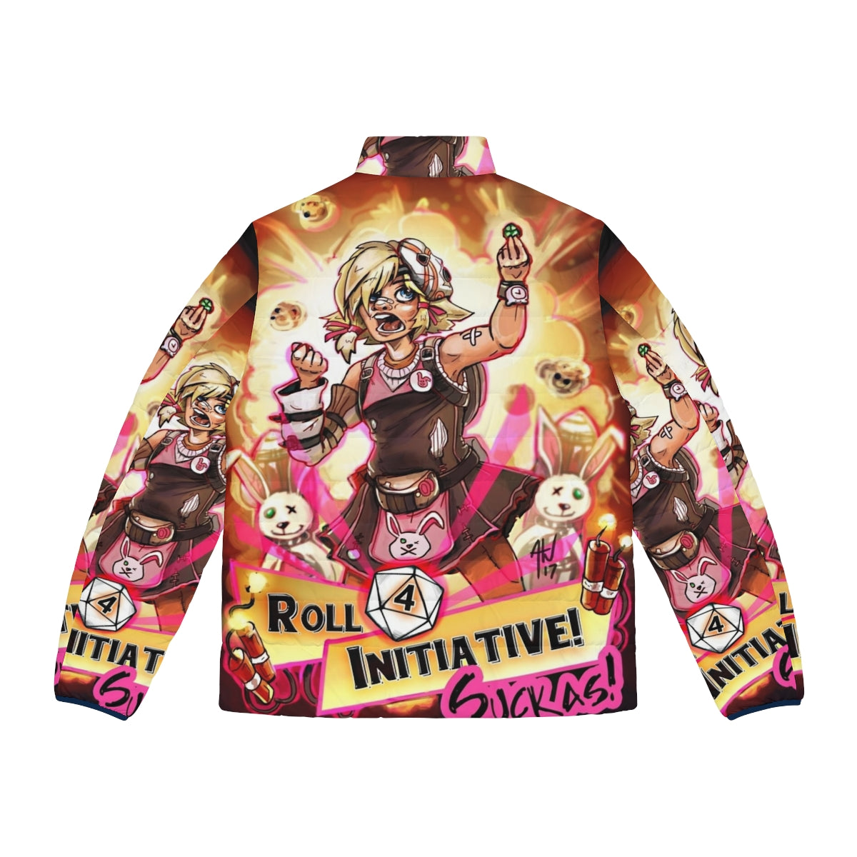 Borderlands Puffer Jacket featuring Tiny Tina's "Roll for Initiative" quote - Back