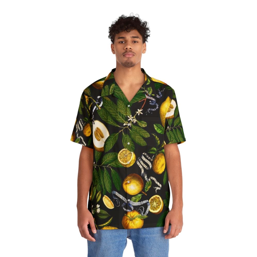 Lemon Tree Black Hawaiian Shirt with Tropical Botanical Design - People Front