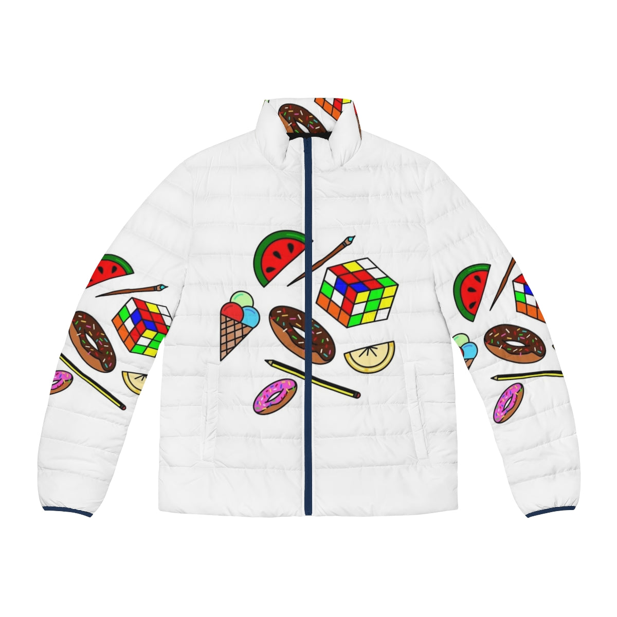 Colorful puffer jacket with hobbies and food designs for kids