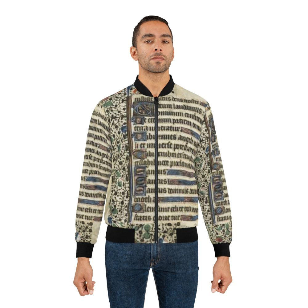 Elaborate bomber jacket featuring an illuminated manuscript design - Lifestyle