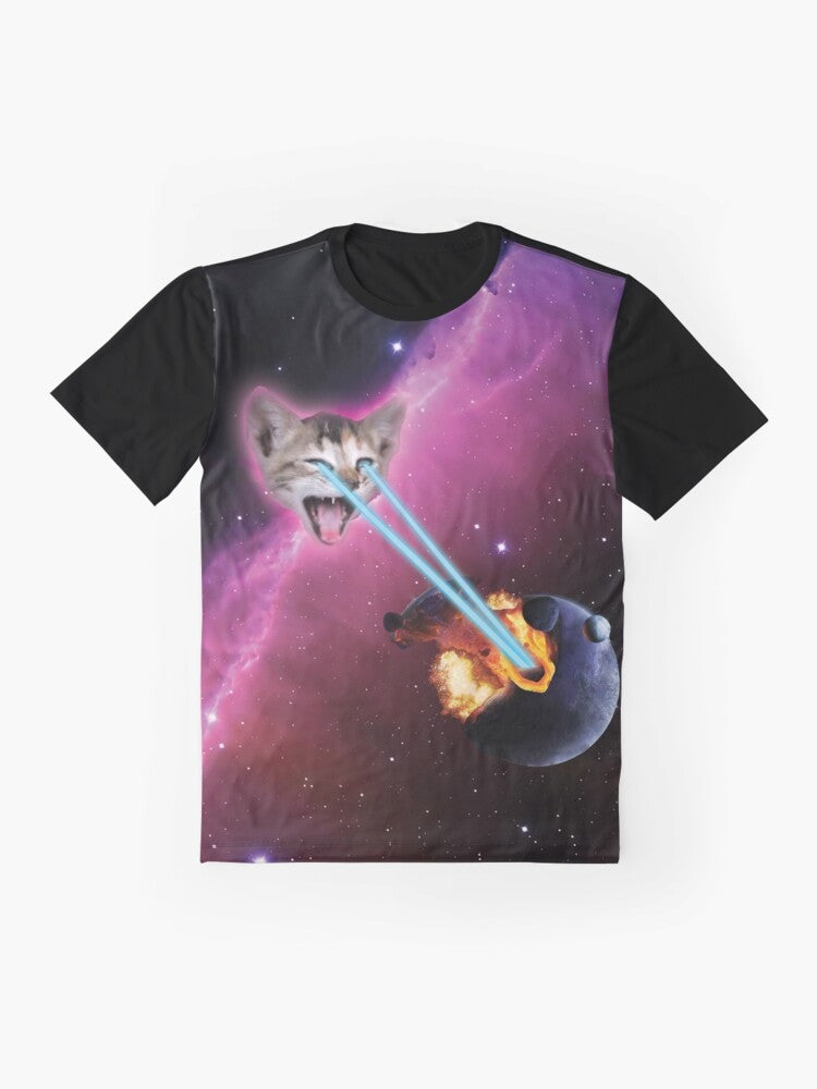 A graphic t-shirt design featuring a laser-wielding cat destroying planets in space. - Flat lay