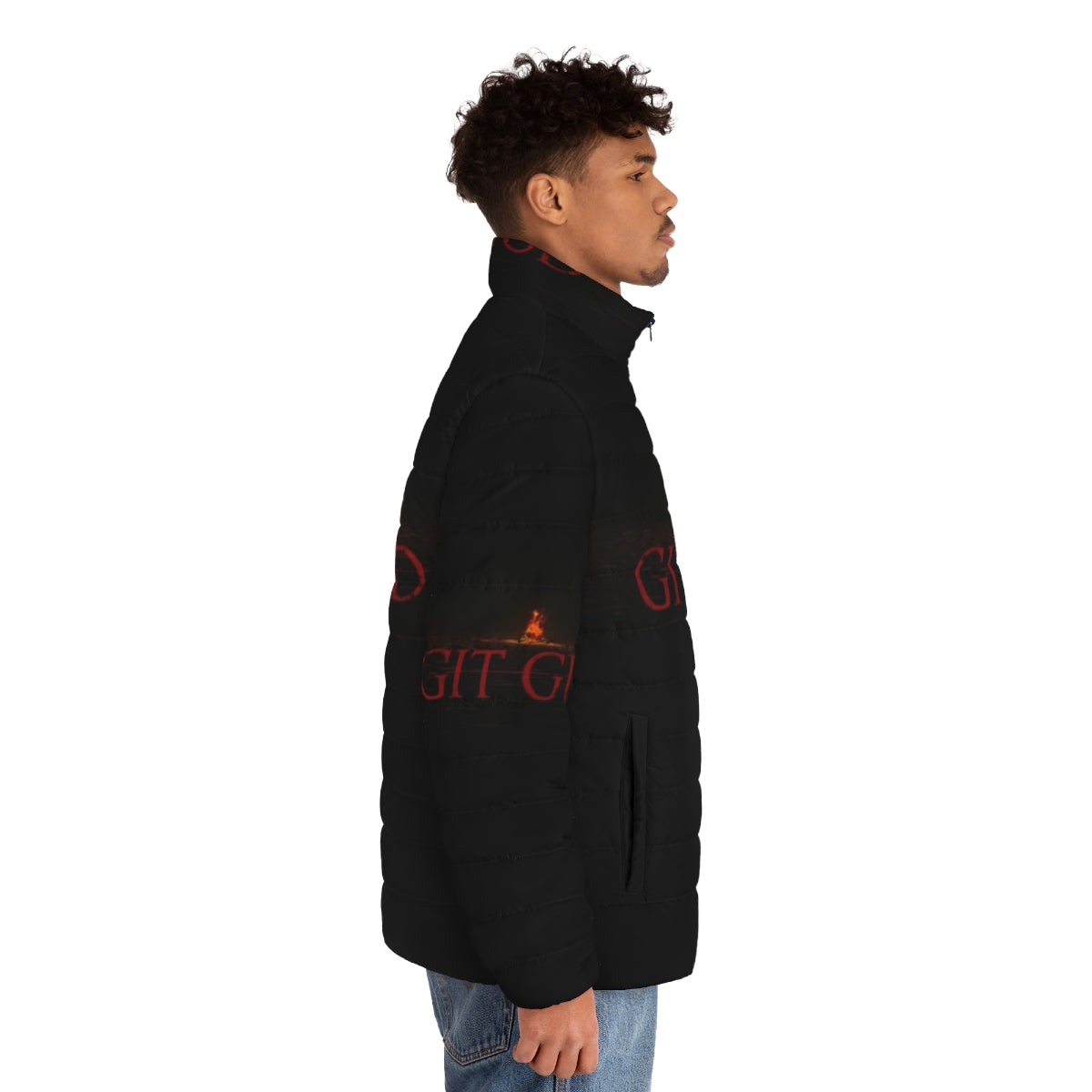 "Git Gud" Dark Souls inspired puffer jacket with bonfire design - men side right