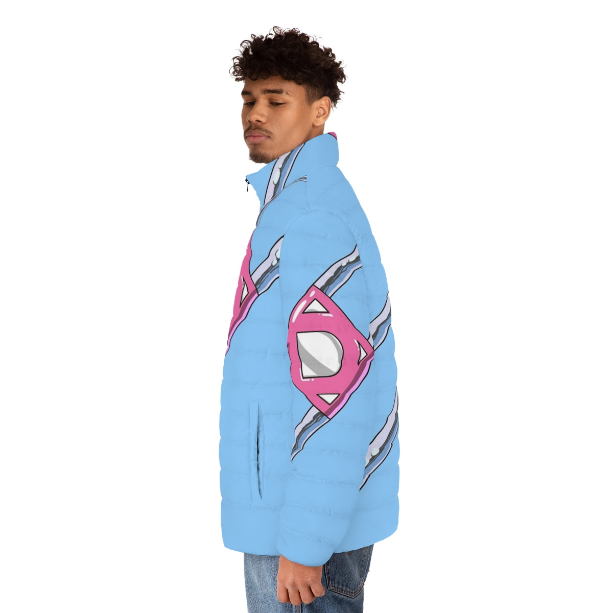 Diaperman logo puffer jacket with comic superhero design - men side left