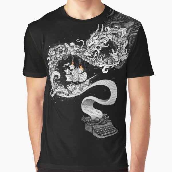 A surreal graphic t-shirt featuring a collage of a dragon, ship, fire, and other fantastical elements, representing the power of unleashed imagination.