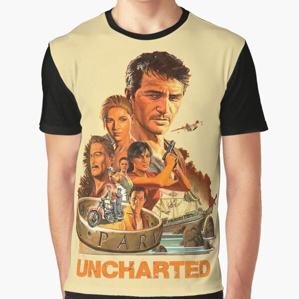 Uncharted video game inspired graphic t-shirt featuring Nathan Drake and the Uncharted logo