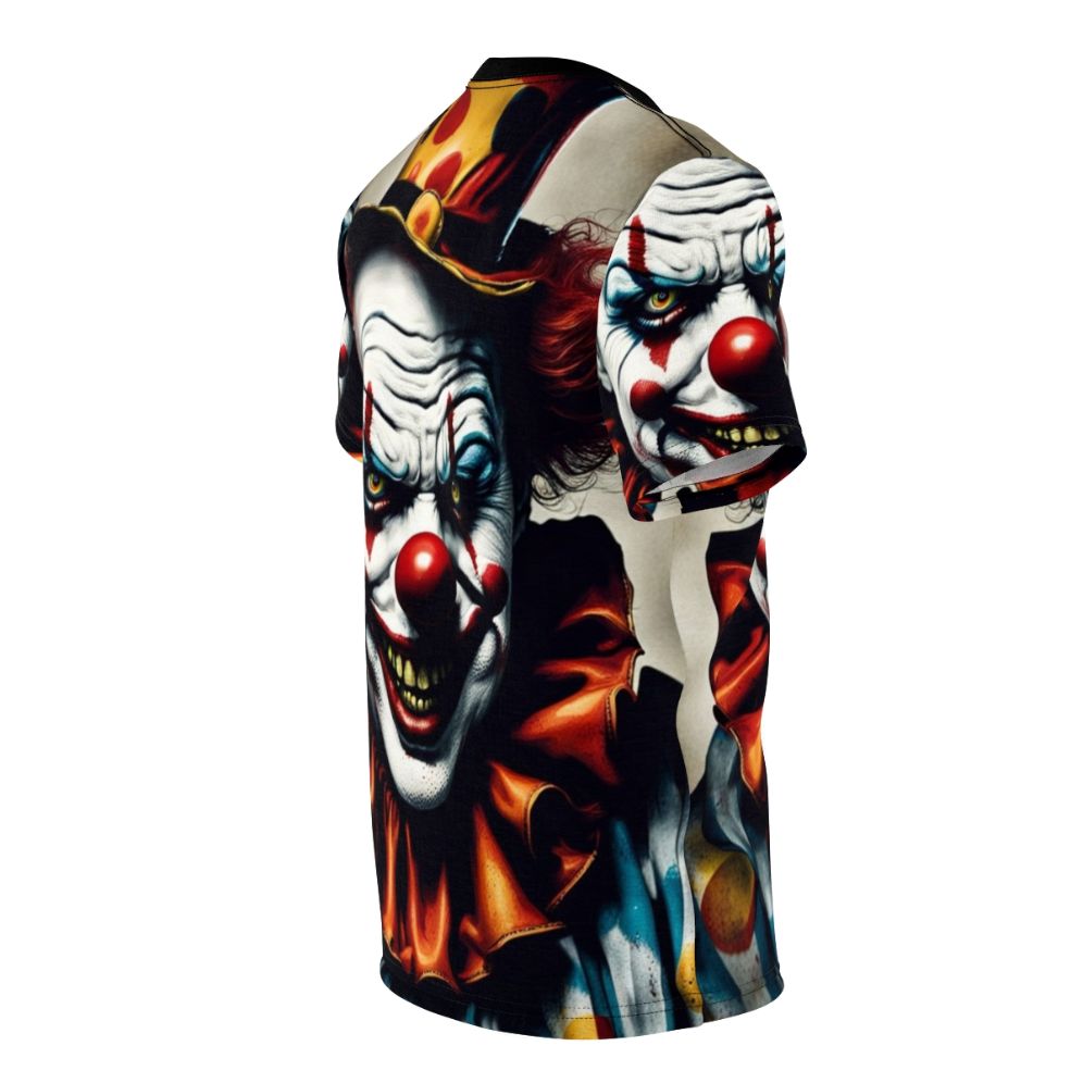 Terrifying clown face with eerie grin on t-shirt - men right