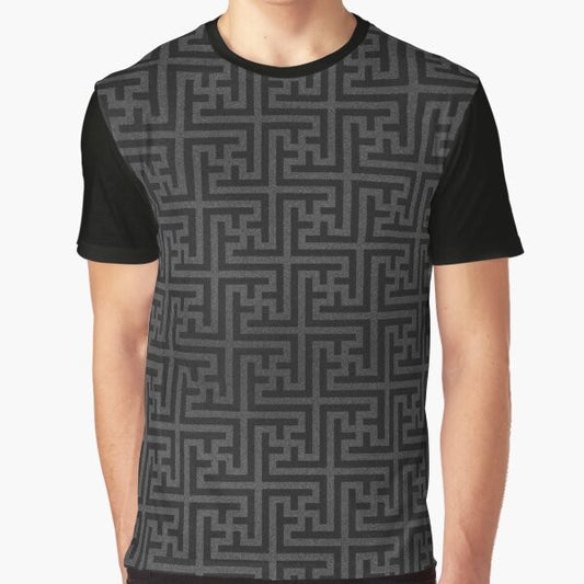 Geometric sacred swastika pattern graphic design on a t-shirt