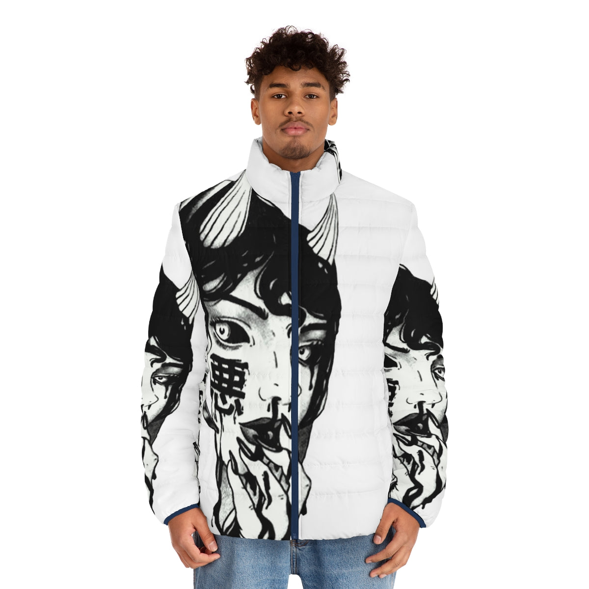 Cyberpunk-inspired black and white puffer jacket with futuristic design - men front