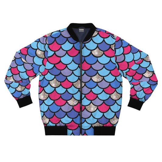 A vibrant bomber jacket with a printed design of rainbow fish scales, perfect for young children.