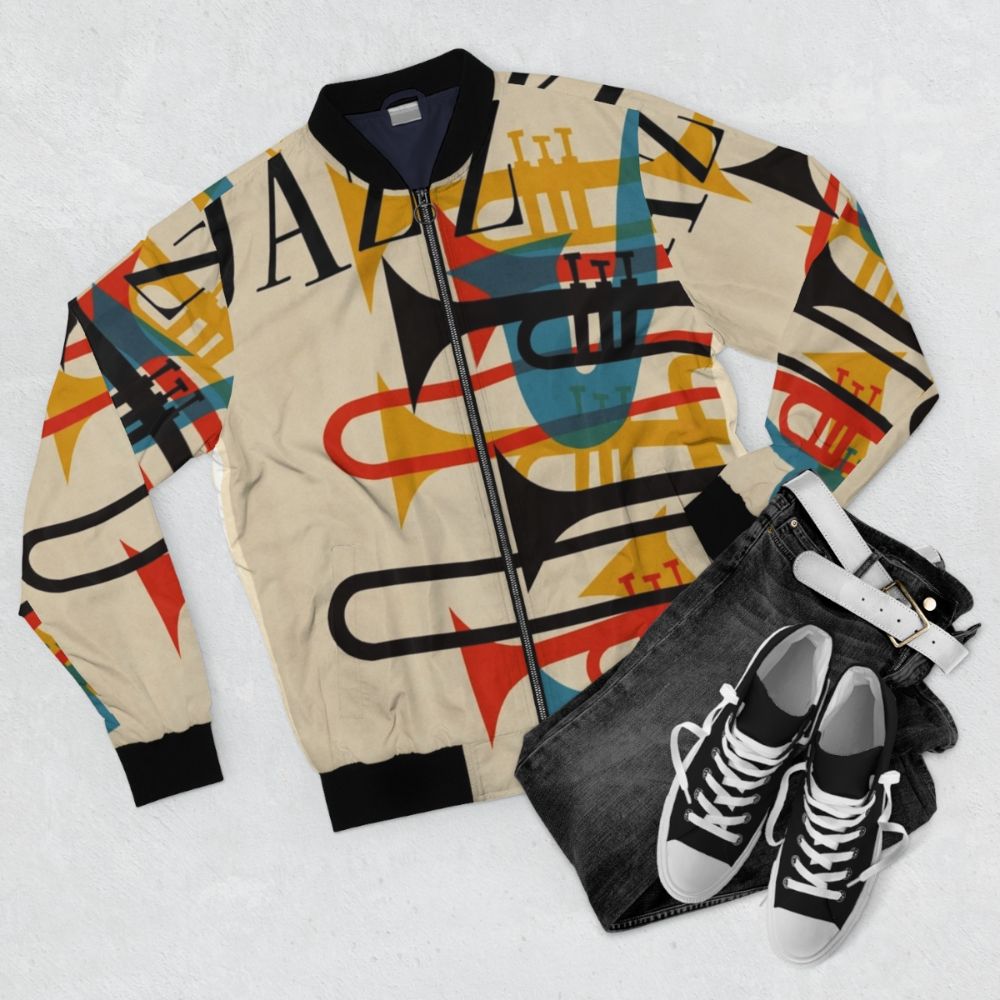 Vintage jazz bomber jacket with retro 1950s music design - Flat lay