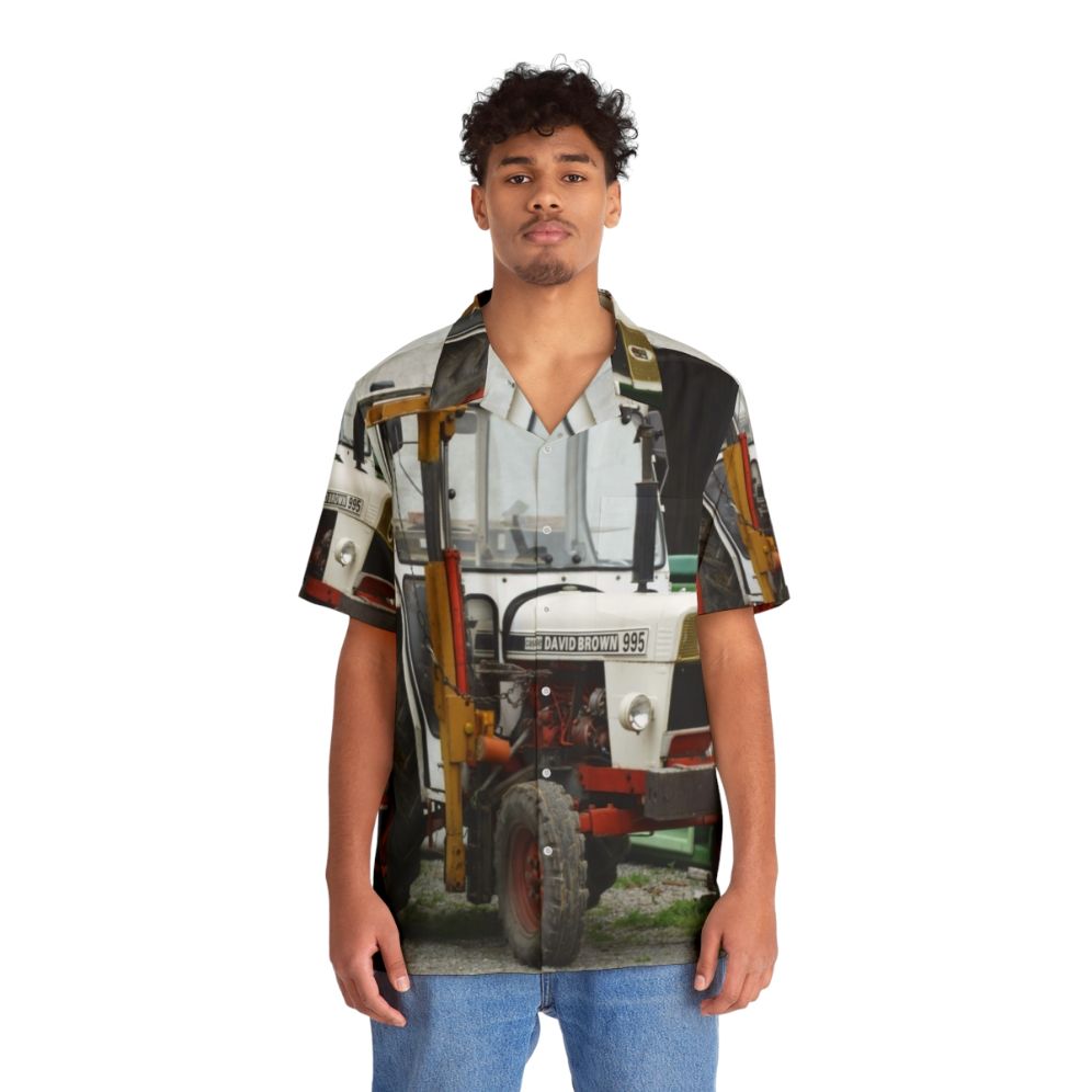 Vintage Hawaiian shirt featuring a David Brown 995 tractor - People Front