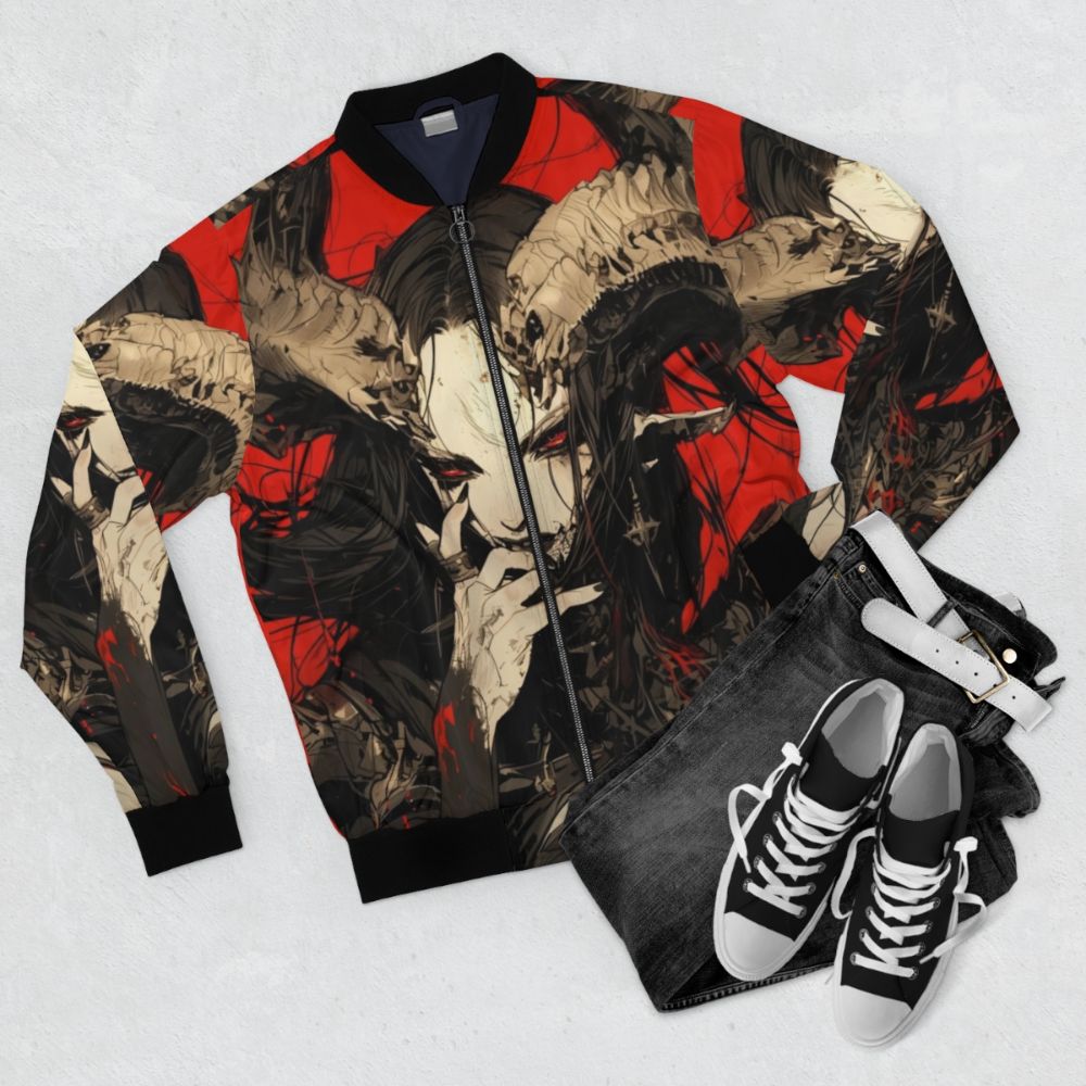 Horned demon bomber jacket with dark, goth design - Flat lay