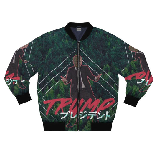 Vaporwave style bomber jacket featuring a retro image of Donald Trump