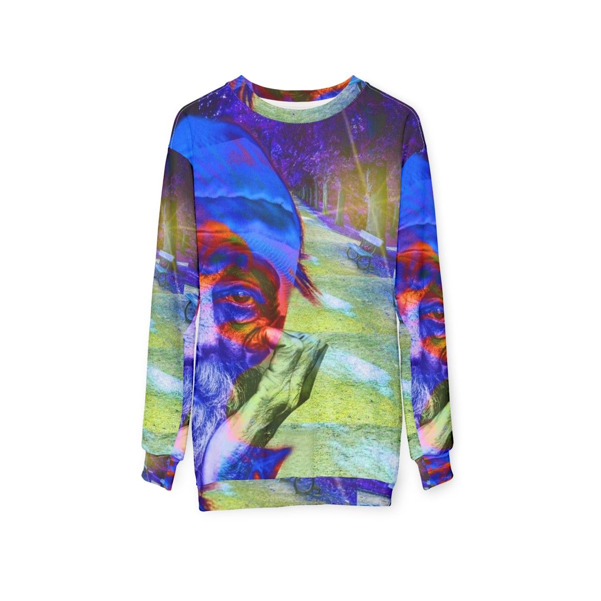 Homelessness awareness sweatshirt with colorful abstract patterns and typography - hanging