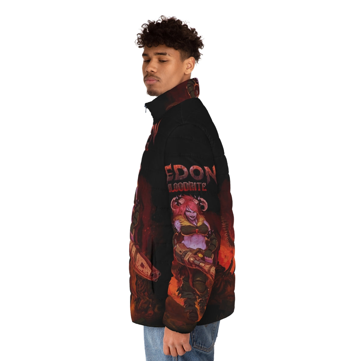 Hedon Zan fantasy puffer jacket featuring splash artwork - men side left