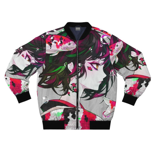 Vibrant anime-inspired koi fish bomber jacket in neon colors