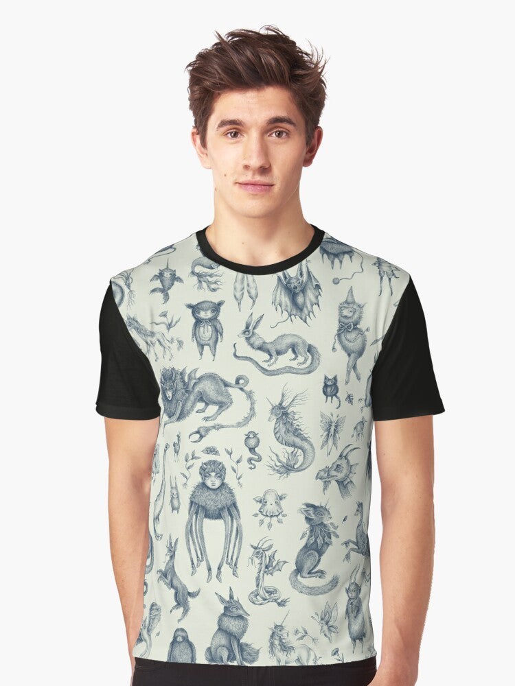 Graphic t-shirt featuring pastel-colored illustrations of mythical creatures like nessie, bigfoot, and dragons - Men