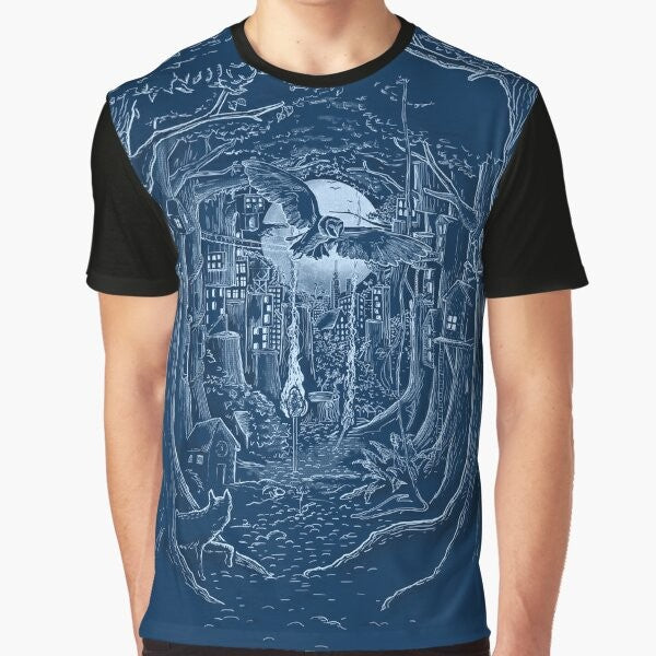 Graphic t-shirt featuring a forest scene with a full moon, animals, and trees