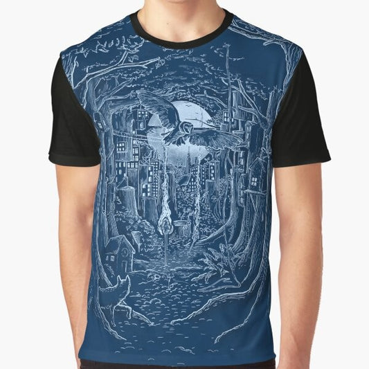 Graphic t-shirt featuring a forest scene with a full moon, animals, and trees