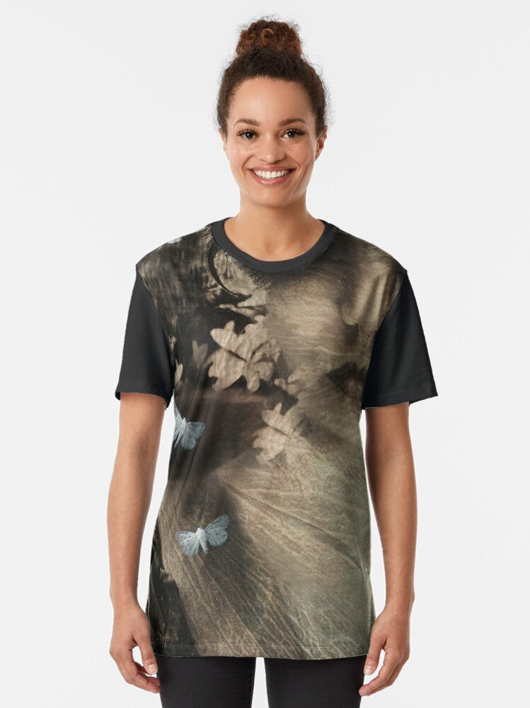 Surreal graphic t-shirt design featuring a queen of the night with moths, butterflies, and flowers in a dark, fantasy setting - Women