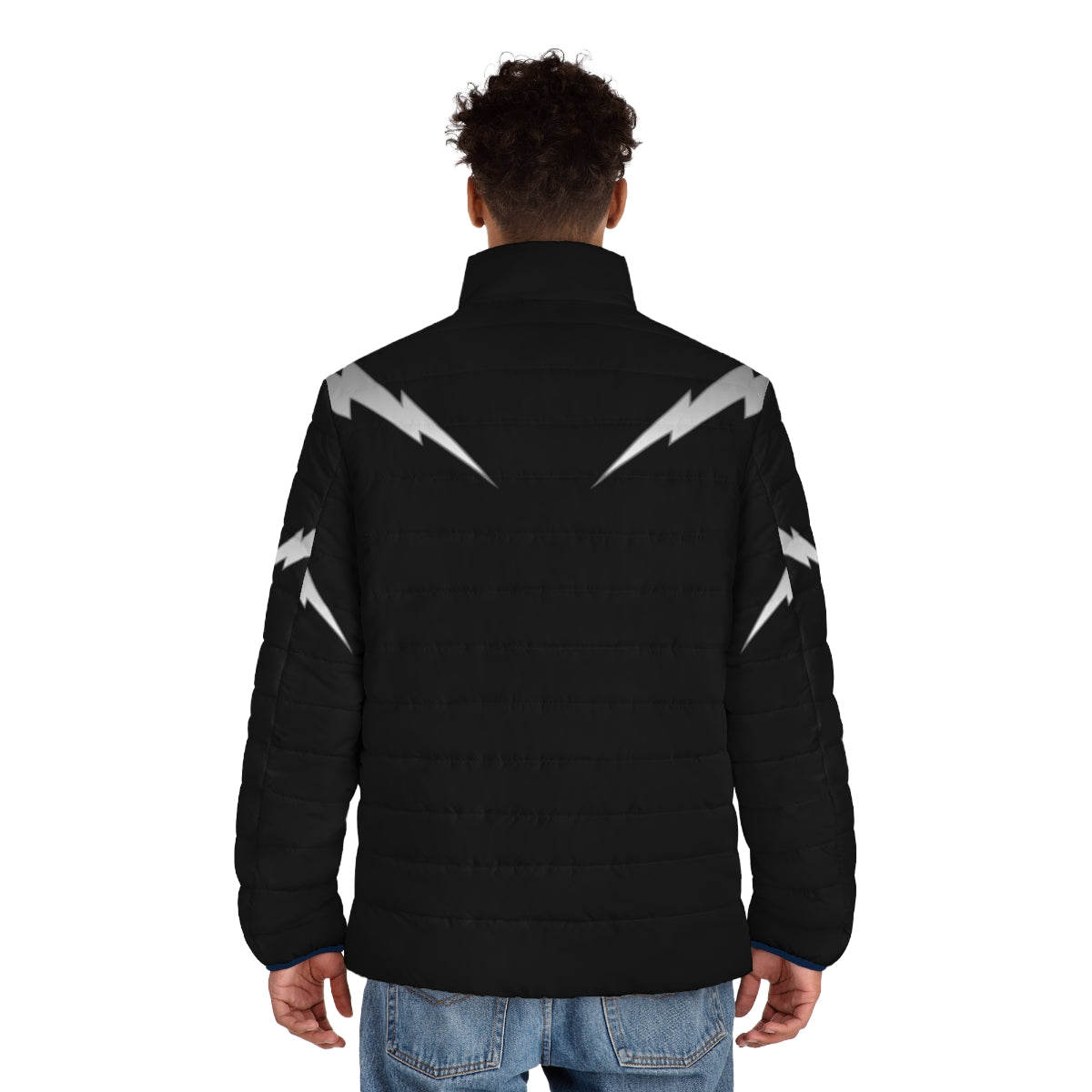 A silver puffer jacket with a lightning bolt design, representing the power and energy of electricity. - men back