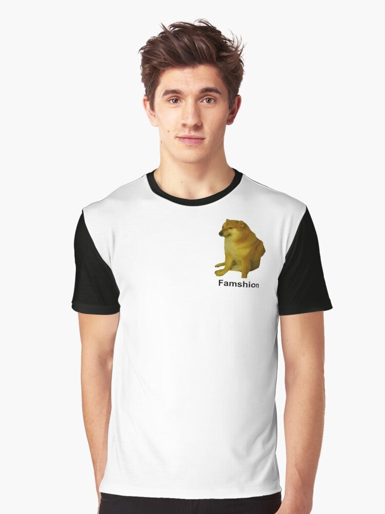 Cheems, a popular Shiba Inu meme character, featured on a yellow graphic t-shirt. - Men