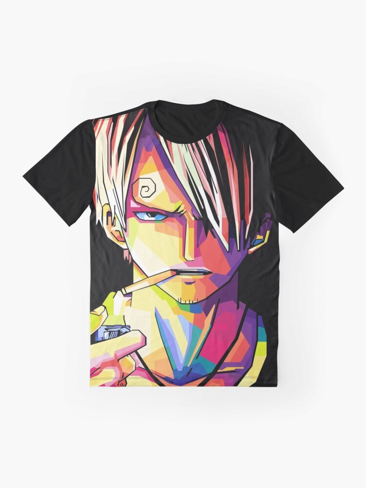 Vibrant graphic t-shirt featuring Sanji, a beloved character from the One Piece anime and manga series, alongside the main protagonist Luffy. - Flat lay