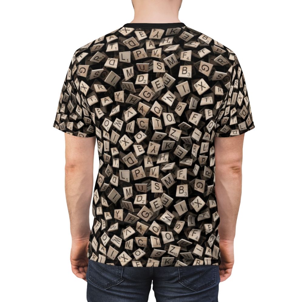 Scrabble tile pattern t-shirt design with colorful letters and words - men back