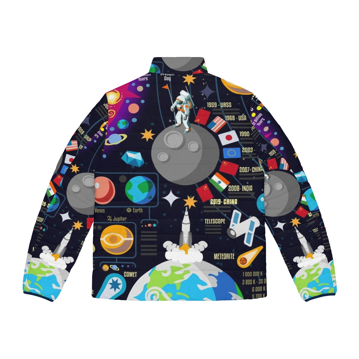 Space-inspired puffer jacket with infographic design of the universe and big bang - Back